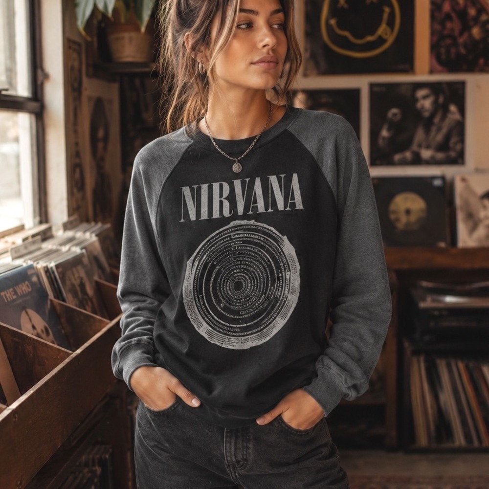 Nirvana Graphic Raglan Sweatshirt Small Black Gray Band Tee Grunge Pullover
